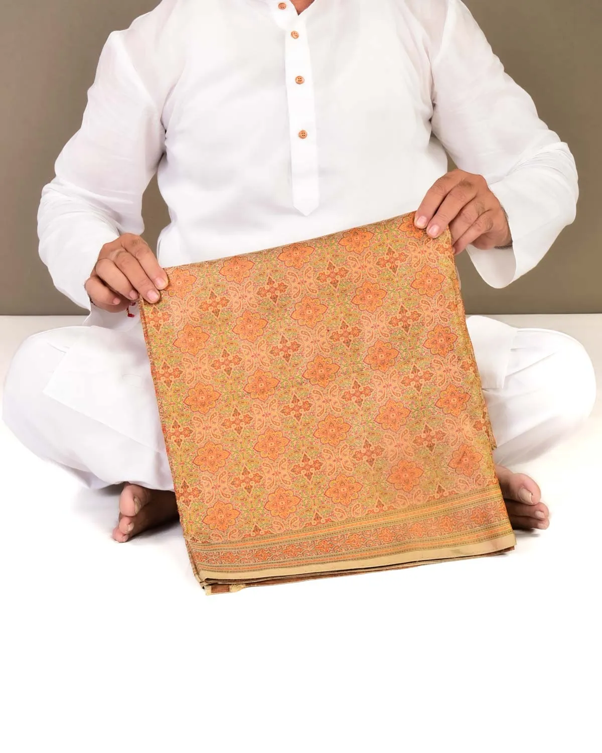 Beige Banarasi Tehri Jamawar Handwoven Katan Silk Saree with Mughal Kairi Jaal