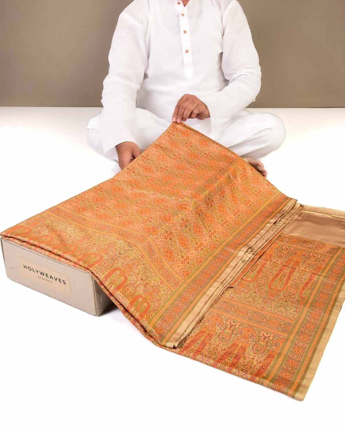 Beige Banarasi Tehri Jamawar Handwoven Katan Silk Saree with Mughal Kairi Jaal