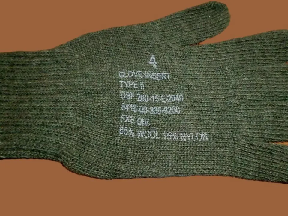 MILITARY STYLE D3A COLD WEATHER GLOVE LINERS 85% WOOL 15% NYLON SIZE 4 MEDIUM