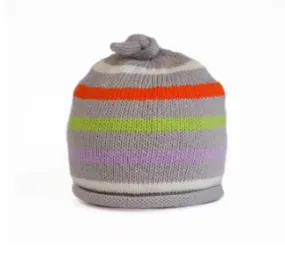 Striped Grey, Red, Green Hand Knit Baby Hat with curled knot top , Fair Trade